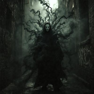 The primary subject of the image is a person dressed in a black costume, possibly a Ghostface from the Scream movie series, standing in a dark alley. The setting is a brick wall, which adds to the overall atmosphere of the scene. The visual style of the image is a combination of photo and digital art, creating a unique and intriguing appearance. The colors in the image are predominantly dark, with the black costume and the alley's surroundings, which contribute to a mysterious and susp
